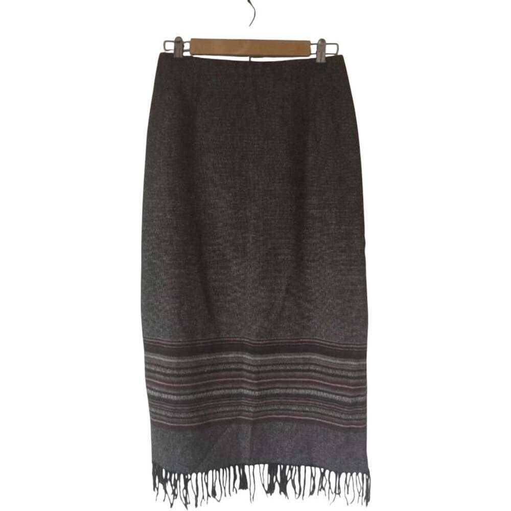 Vtg 90s CC Hughes Wool Blend Midi Skirt Sz 8 Boho Striped Fringe
